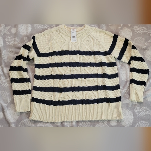 Vineyard Vines Striped Fisherman's Crew Sweater Large Cream and Navy - Picture 3 of 6